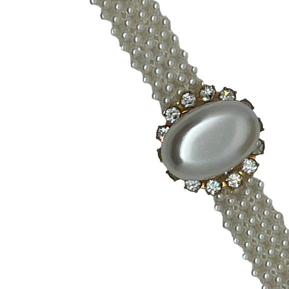90s Style Pearl Choker Necklace White Beaded Crystal Rhinestone Statement Collar - Picture 4 of 11